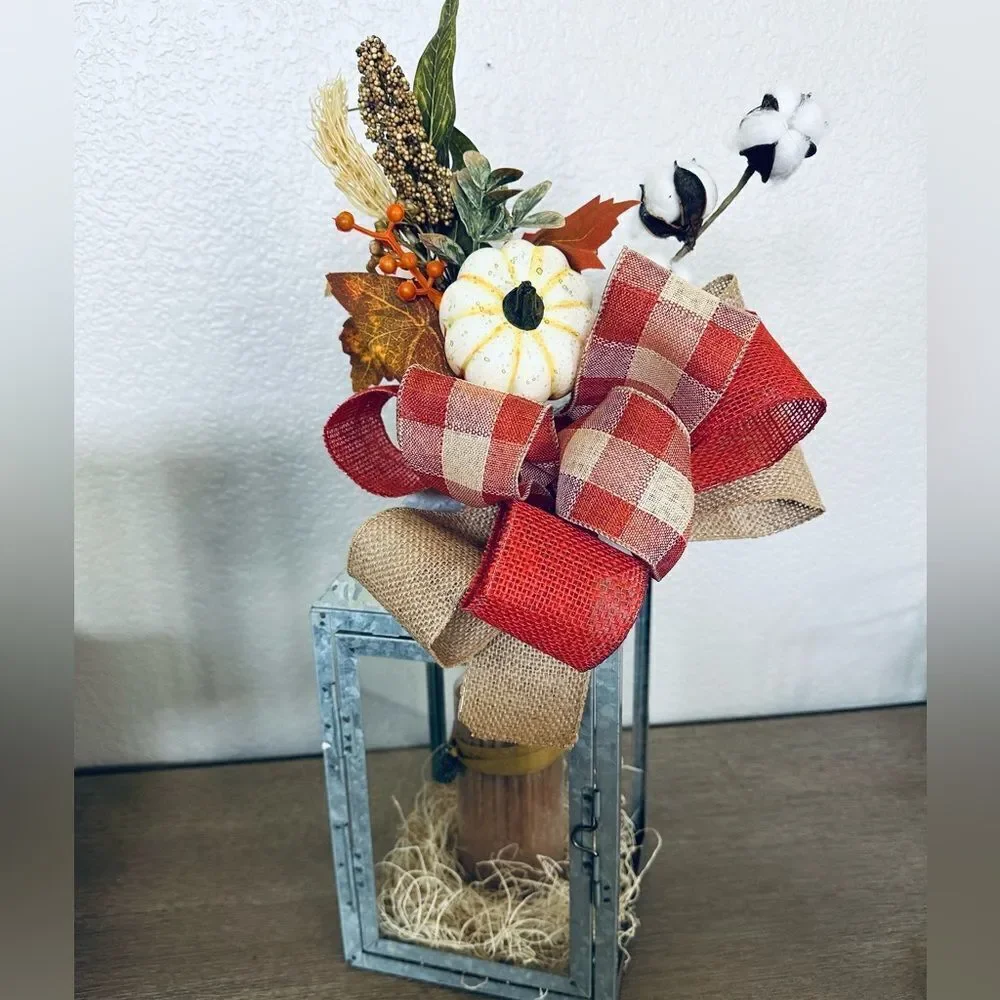 Fall Autumn Galvanized Metal Farmhouse Lantern Burlap Floral Decor